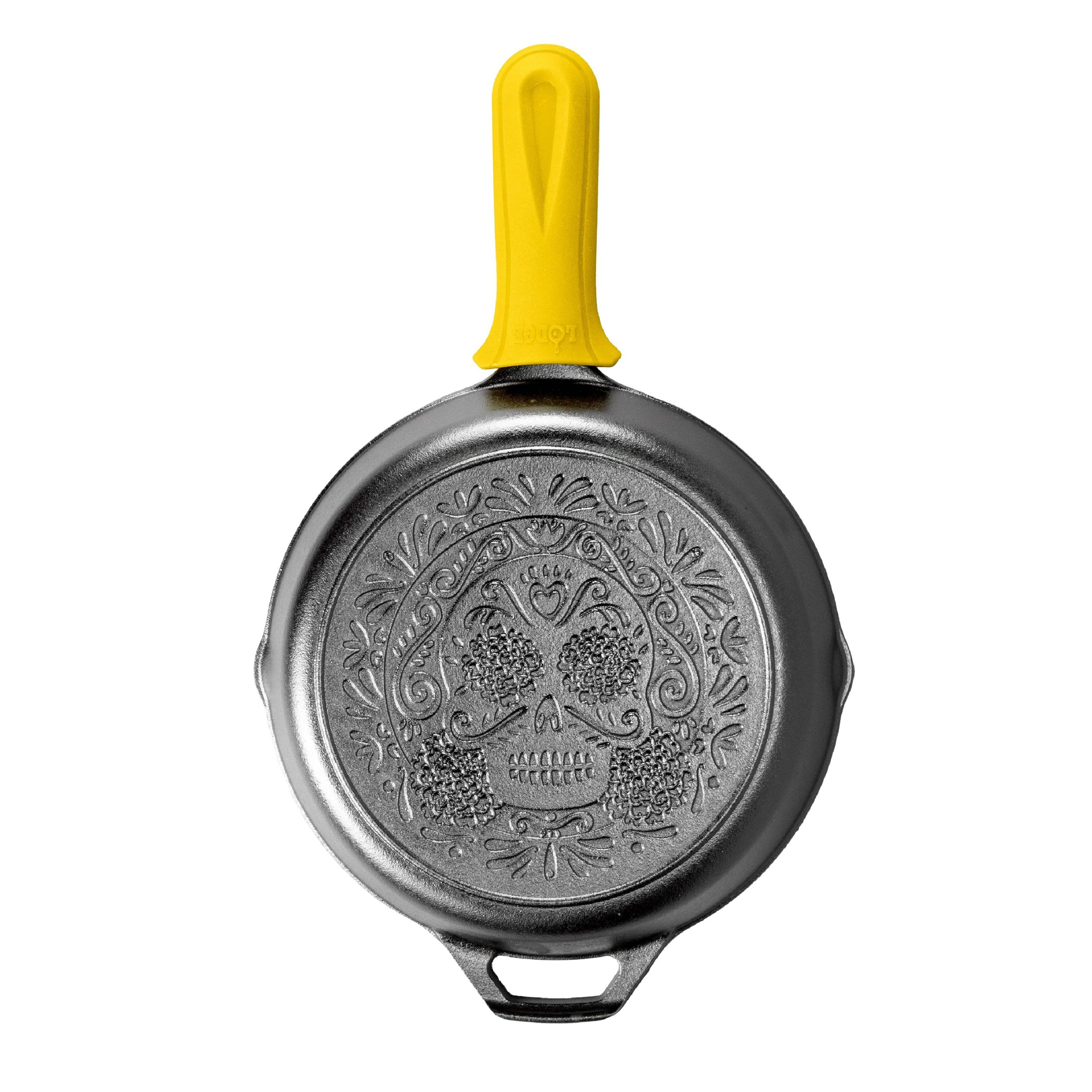 Seasoned Cast Iron Sugar Skull Skillet with Deluxe Handle Holder - Image 4